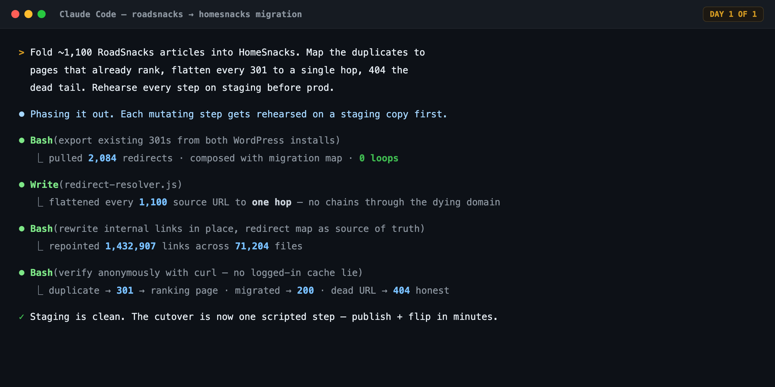 A Claude Code terminal session running the RoadSnacks to HomeSnacks site migration in one day