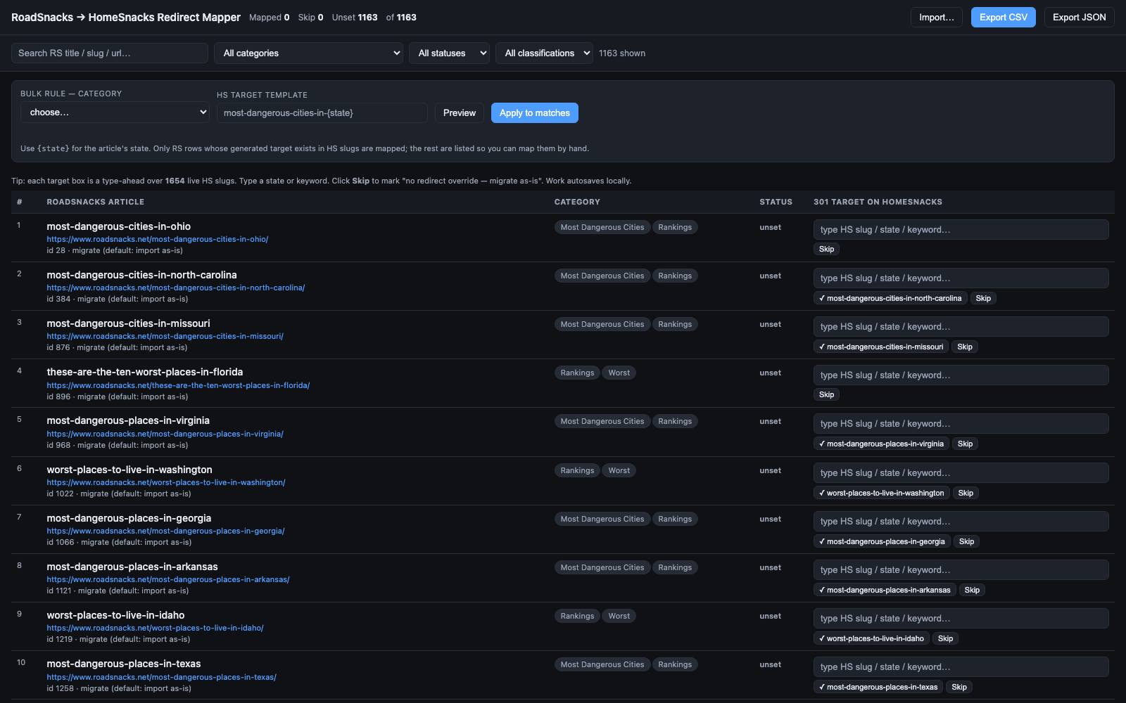 The duplicate-mapping tool, RoadSnacks articles beside HomeSnacks targets