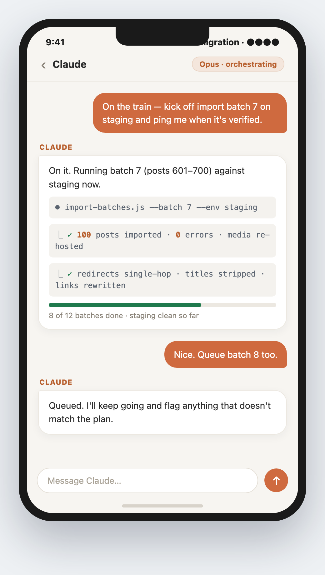 The Claude mobile app running a migration batch with a progress bar