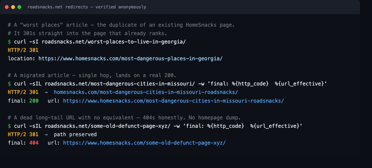 curl output proving each redirect resolves in a single hop
